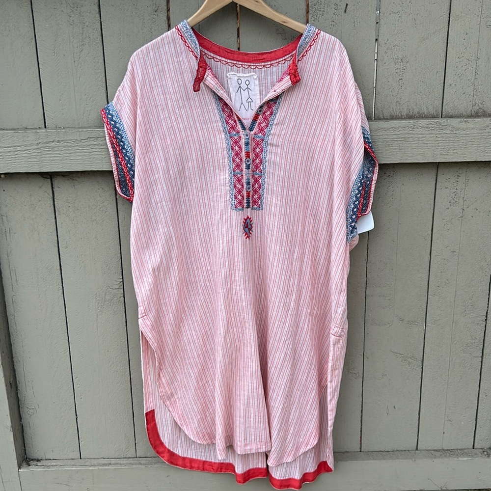Johnny Was Linen Tunic Dress Bohemian Beachy Hippie Cottagecore Embroidered Sz M